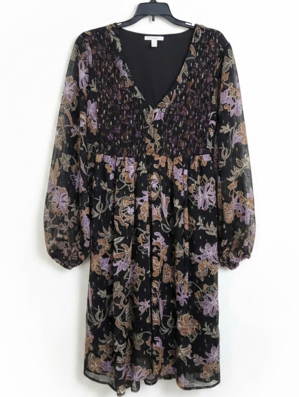 Cato Black Floral V-Neck Long Sleeve Dress with Lavender and Tan Accents